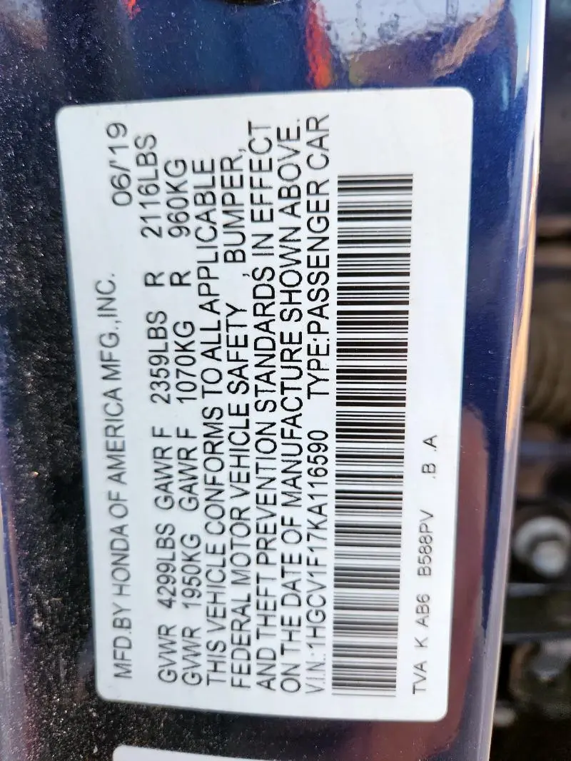 2019 HONDA ACCORD LX  