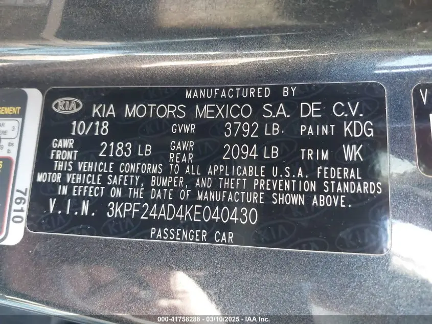 2019 KIA FORTE LXS