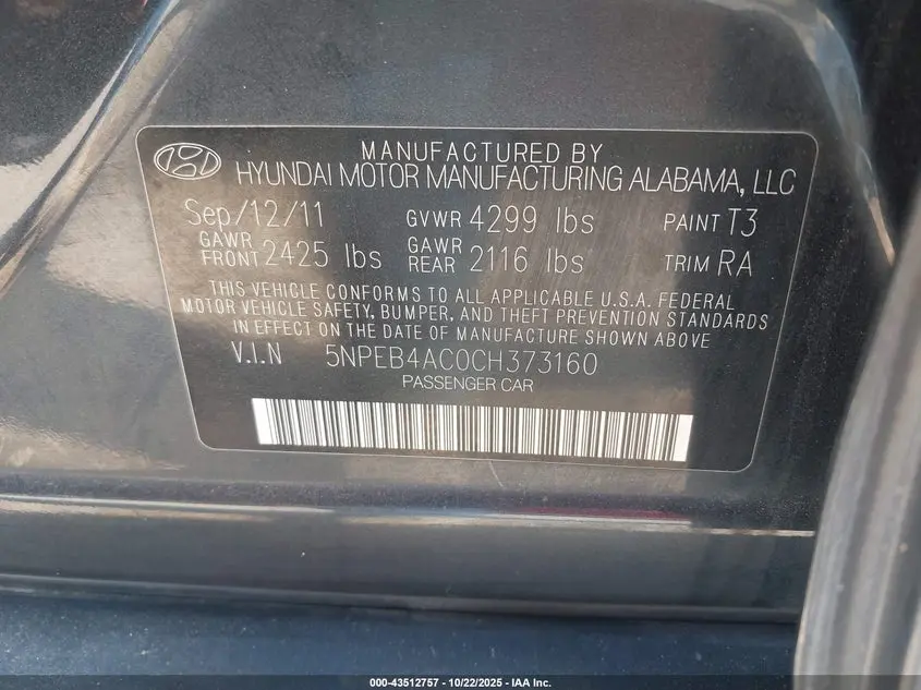 2012 HYUNDAI SONATA GLS