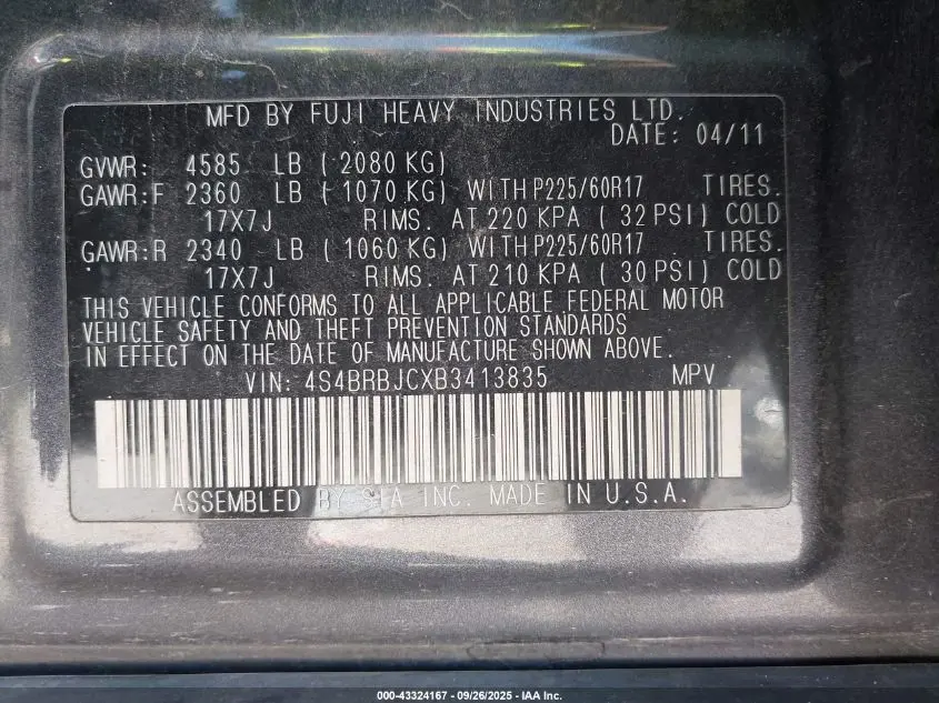 2011 SUBARU OUTBACK 2.5I LIMITED