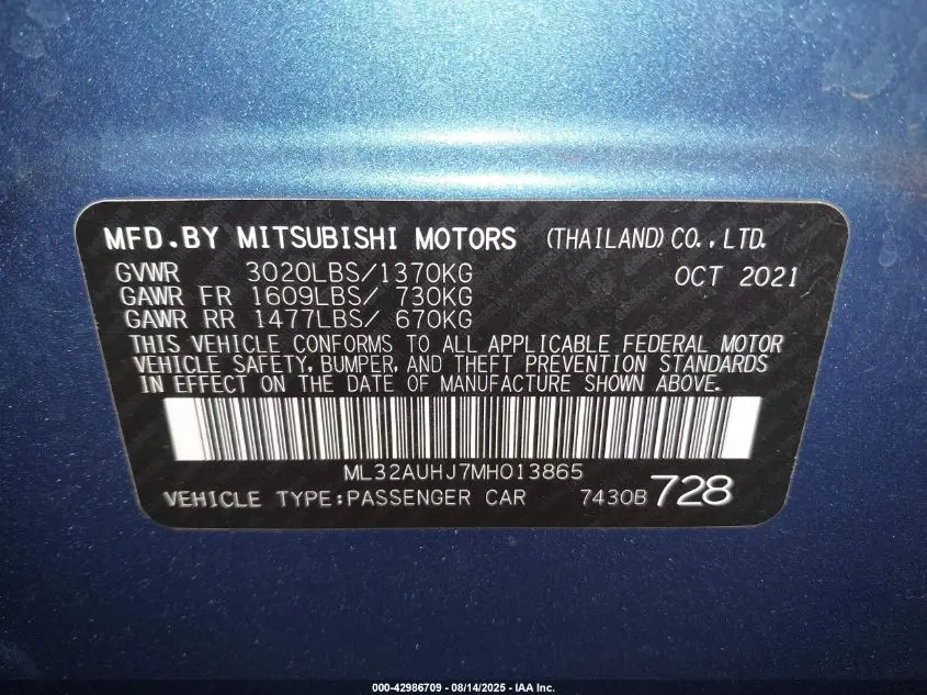 2021 MITSUBISHI MIRAGE CARBONITE EDITION/ES/LE