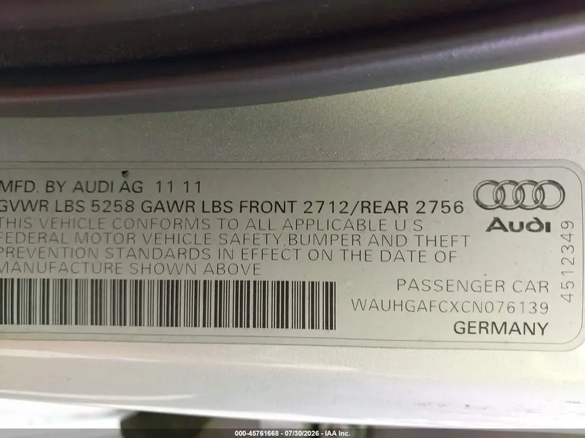 2012 AUDI A6 3.0T PRESTIGE