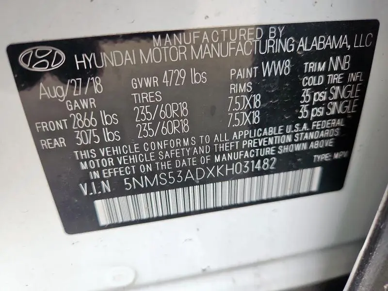 2019 HYUNDAI SANTA FE LIMITED  