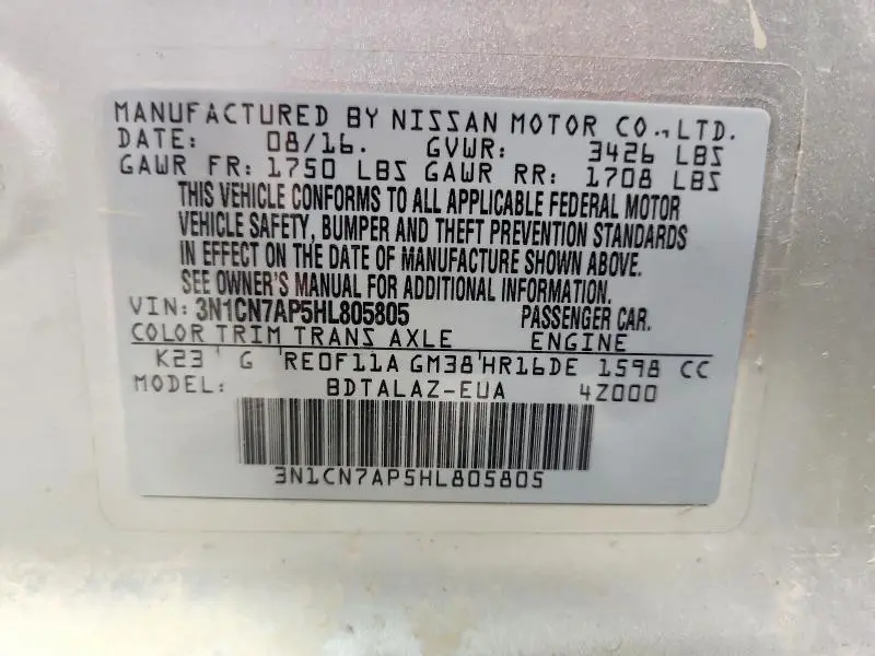 2017 NISSAN VERSA 1.6 S PLUS  