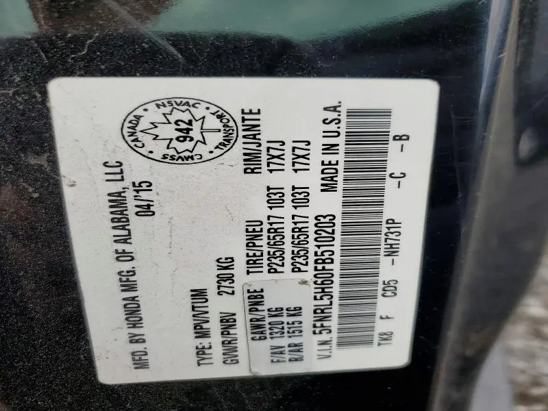 2015 HONDA ODYSSEY EXL  