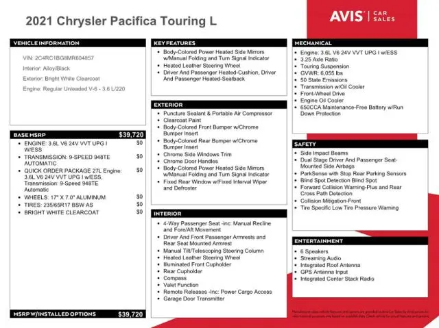 2021 CHRYSLER PACIFICA TOURING L