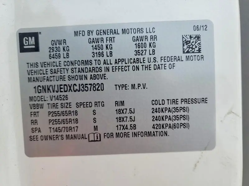 2012 CHEVROLET TRAVERSE LT  