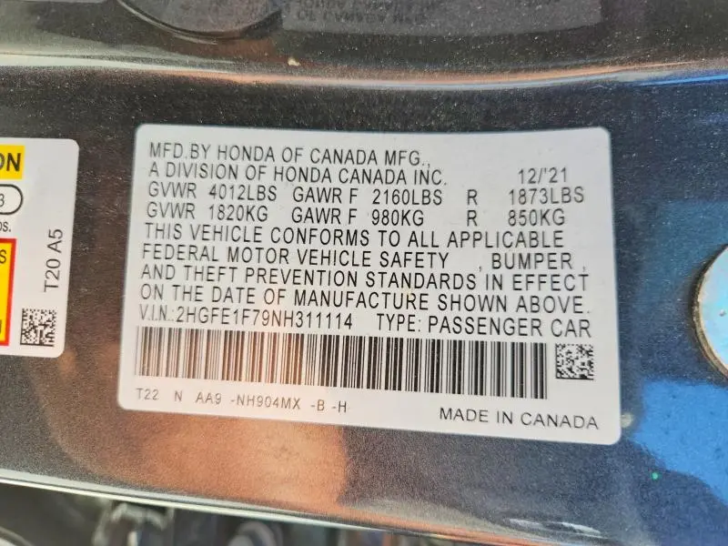 2022 HONDA CIVIC EX  