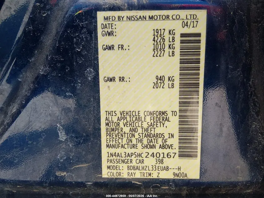 2017 NISSAN ALTIMA 2.5 SR