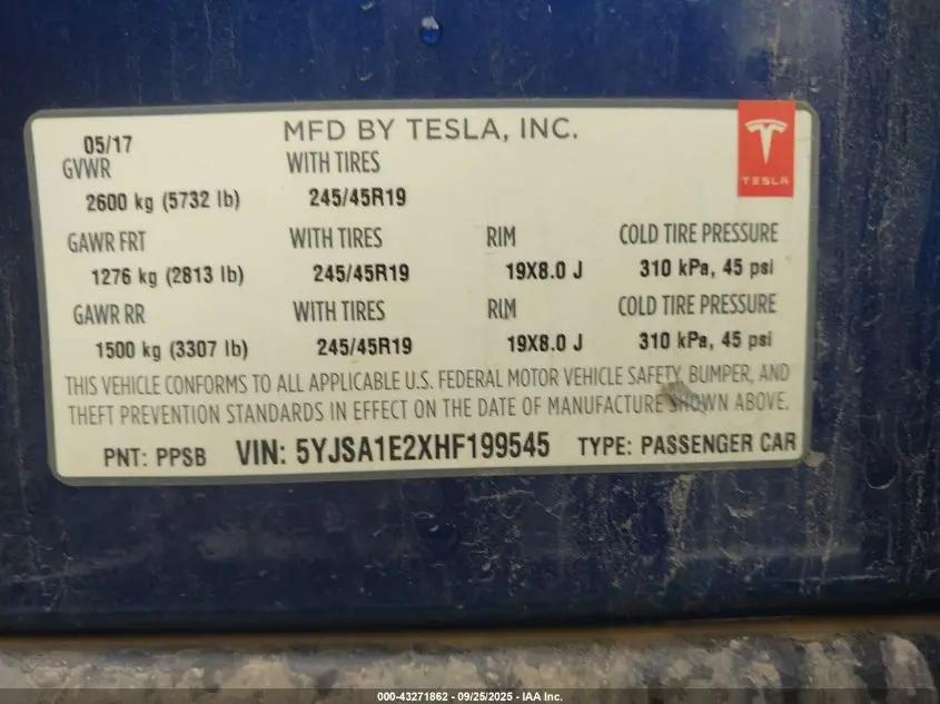 2017 TESLA MODEL S 100D/60D/75D/90D/P100D