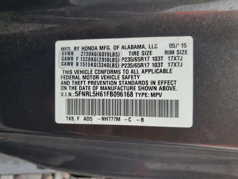 2015 HONDA ODYSSEY EXL  