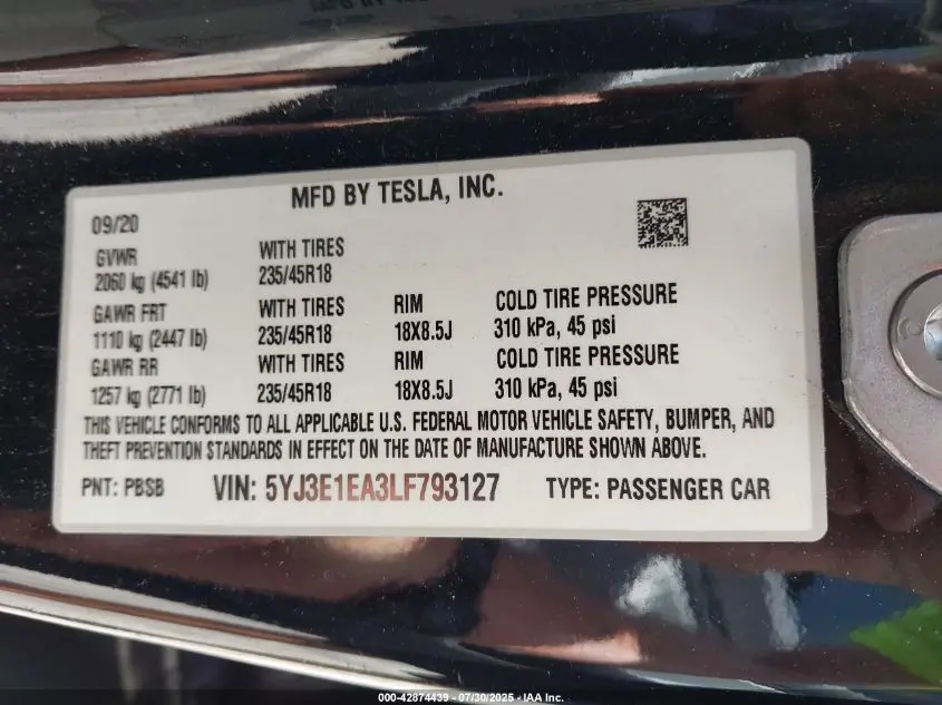 2020 TESLA MODEL 3 STANDARD RANGE PLUS REAR-WHEEL DRIVE/STANDARD RANGE REAR-WHEEL DRIVE
