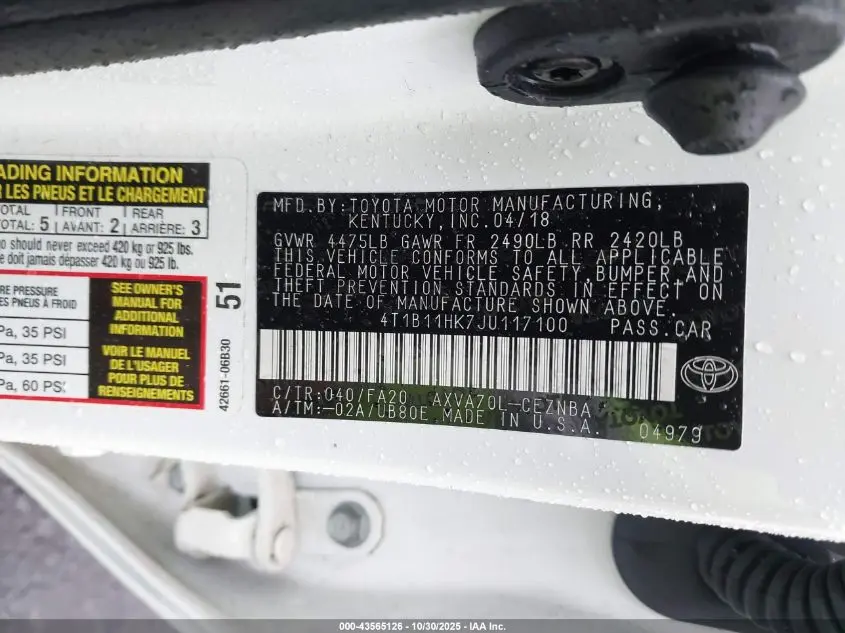 2018 TOYOTA CAMRY LE