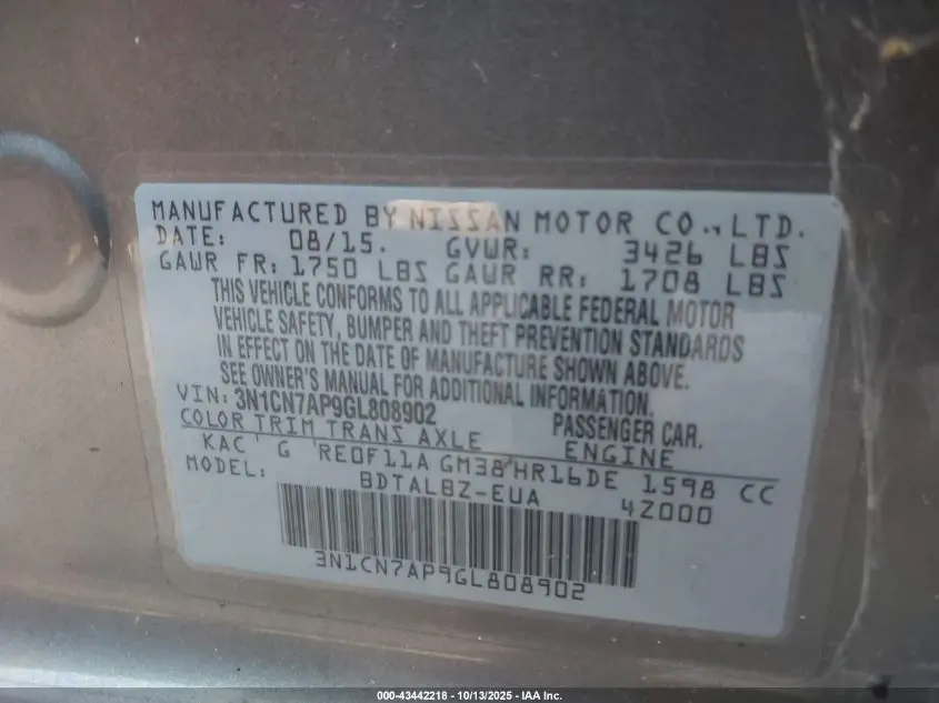 2016 NISSAN VERSA 1.6 S/1.6 S+/1.6 SL/1.6 SV