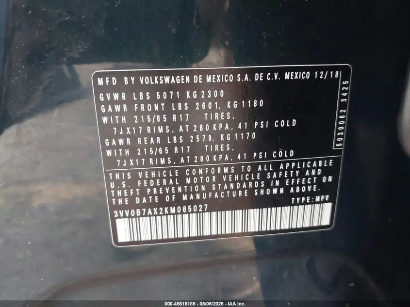 2019 VOLKSWAGEN TIGUAN 2.0T S