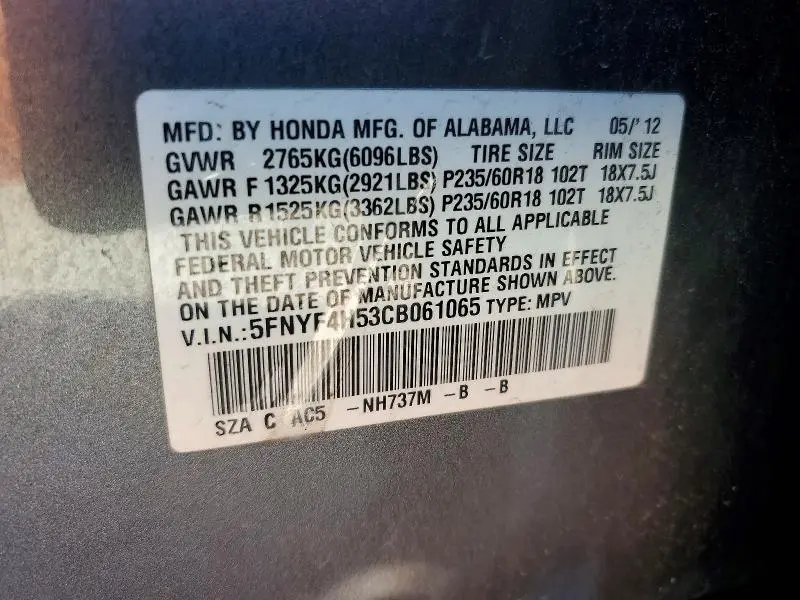 2012 HONDA PILOT EXL  