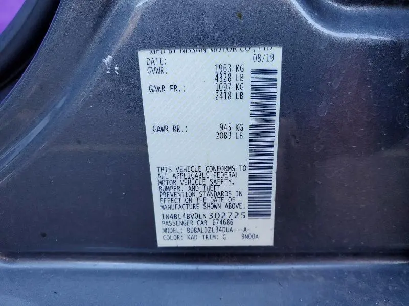 2020 NISSAN ALTIMA S  