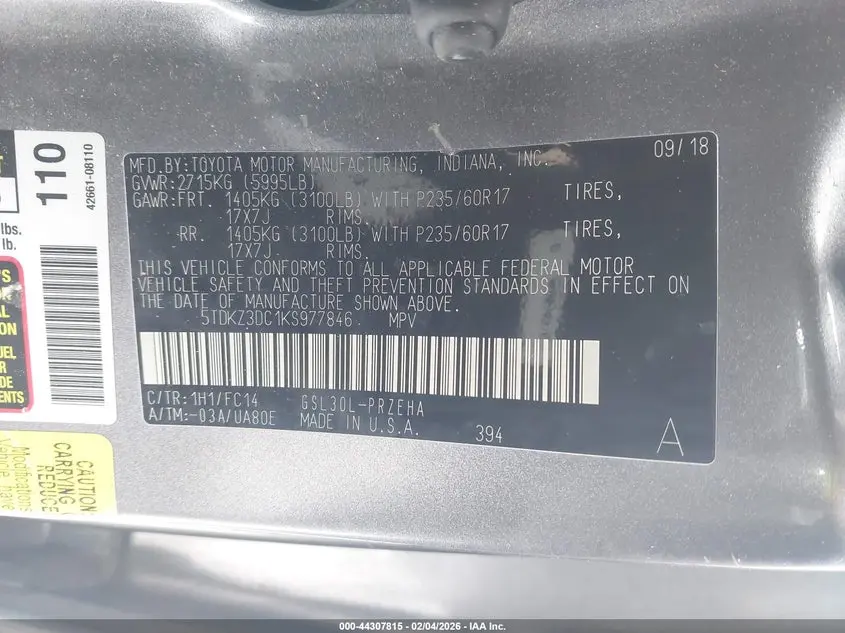 2019 TOYOTA SIENNA LE 8 PASSENGER