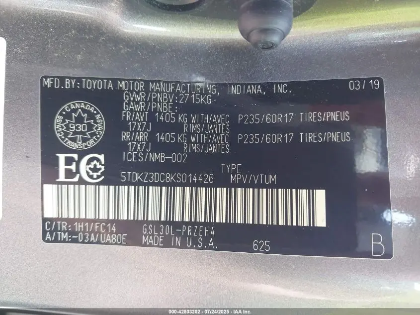 2019 TOYOTA SIENNA LE 8-PASSENGER