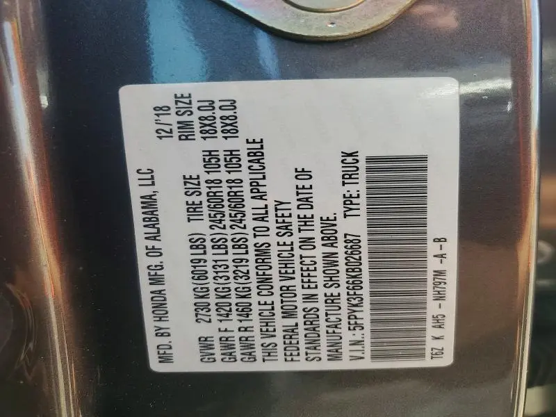 2019 HONDA RIDGELINE RTL  