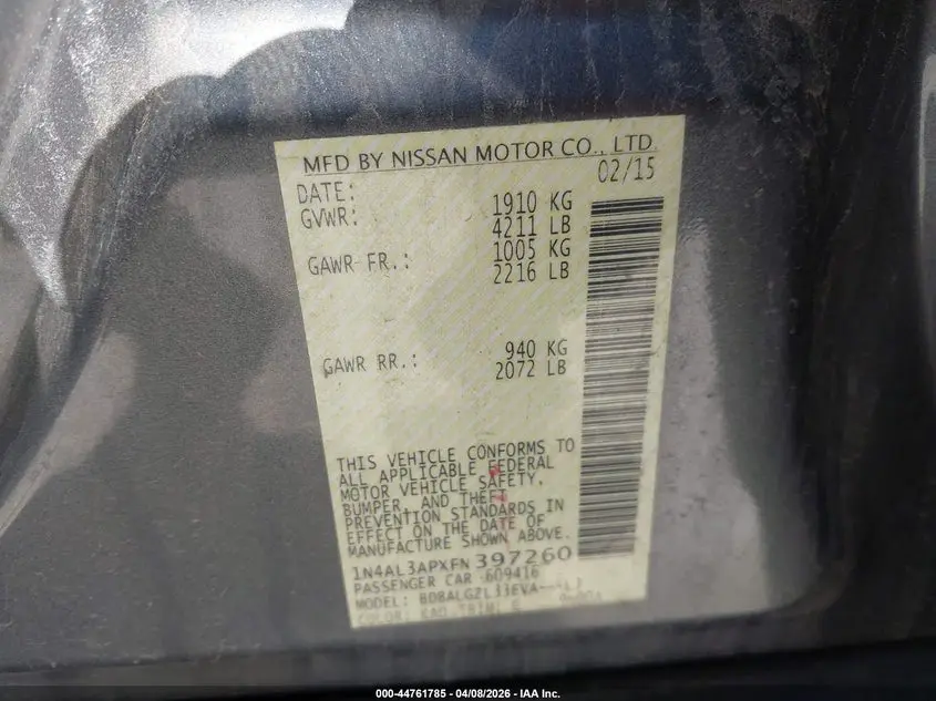 2015 NISSAN ALTIMA 2.5 S