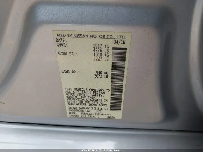 2016 NISSAN ALTIMA 2.5/2.5 S/2.5 SL/2.5 SR/2.5 SV