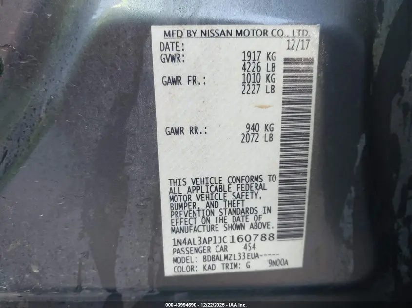 2018 NISSAN ALTIMA 2.5 SV