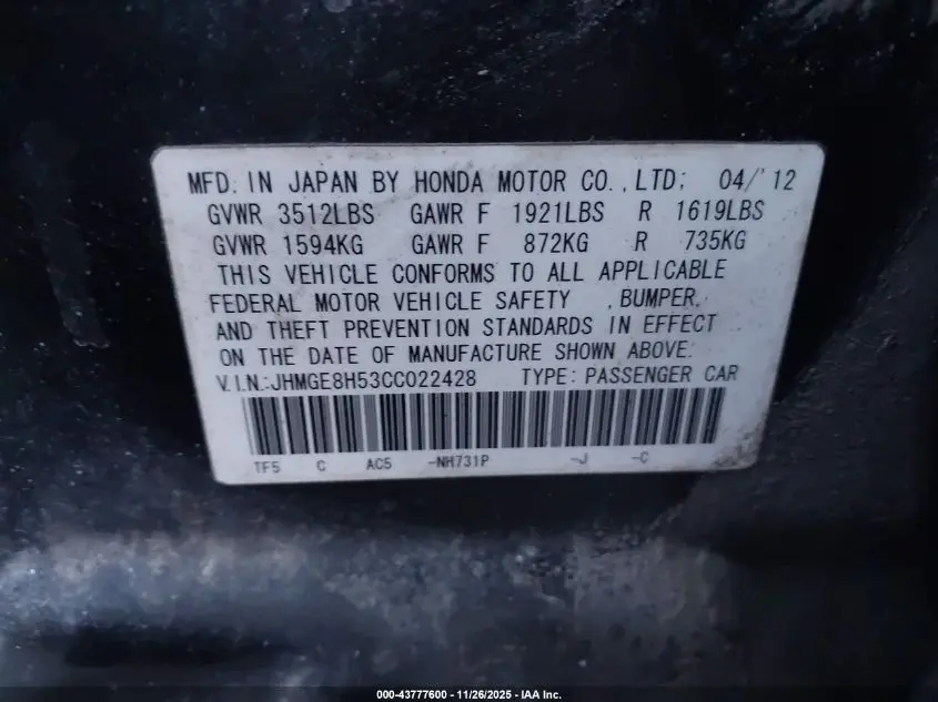 2012 HONDA FIT SPORT