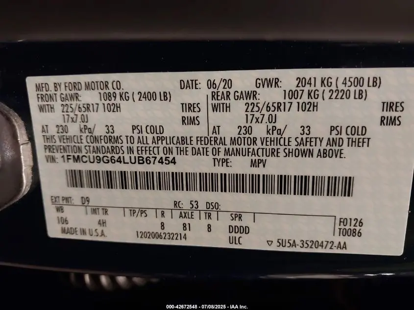 2020 FORD ESCAPE SE