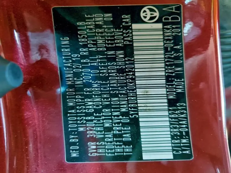 2019 TOYOTA COROLLA L  