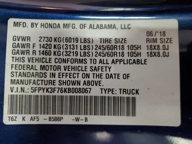 2019 HONDA RIDGELINE RTL  