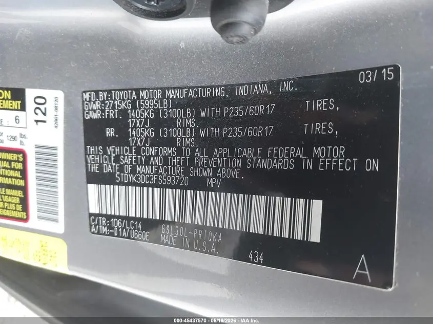 2015 TOYOTA SIENNA XLE 8 PASSENGER