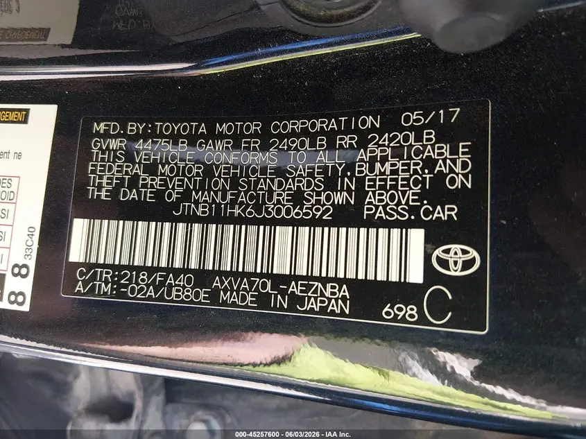 2018 TOYOTA CAMRY LE