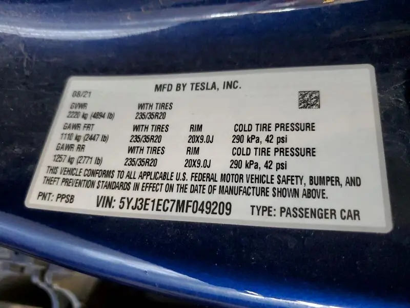 2021 TESLA MODEL 3   