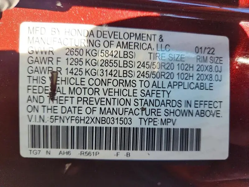 2022 HONDA PILOT SE  