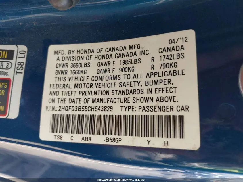 2012 HONDA CIVIC LX