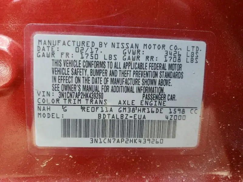 2017 NISSAN VERSA 1.6 SV  