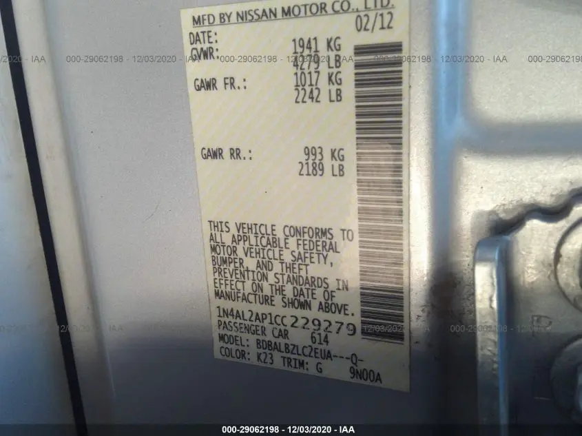 2012 NISSAN ALTIMA 2.5 S