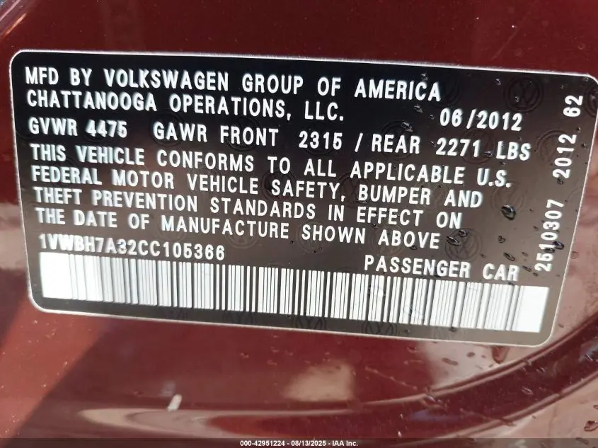 2012 VOLKSWAGEN PASSAT 2.5L SE