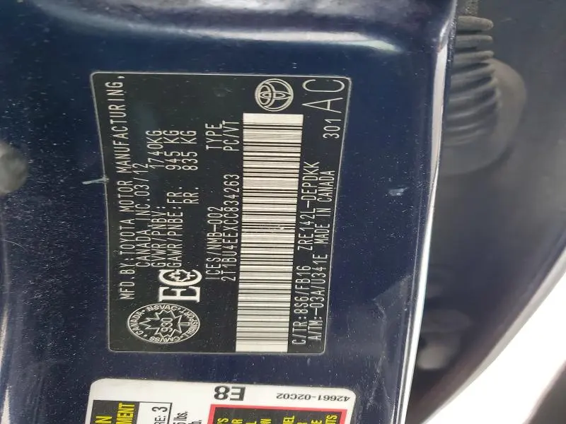 2012 TOYOTA COROLLA BASE  