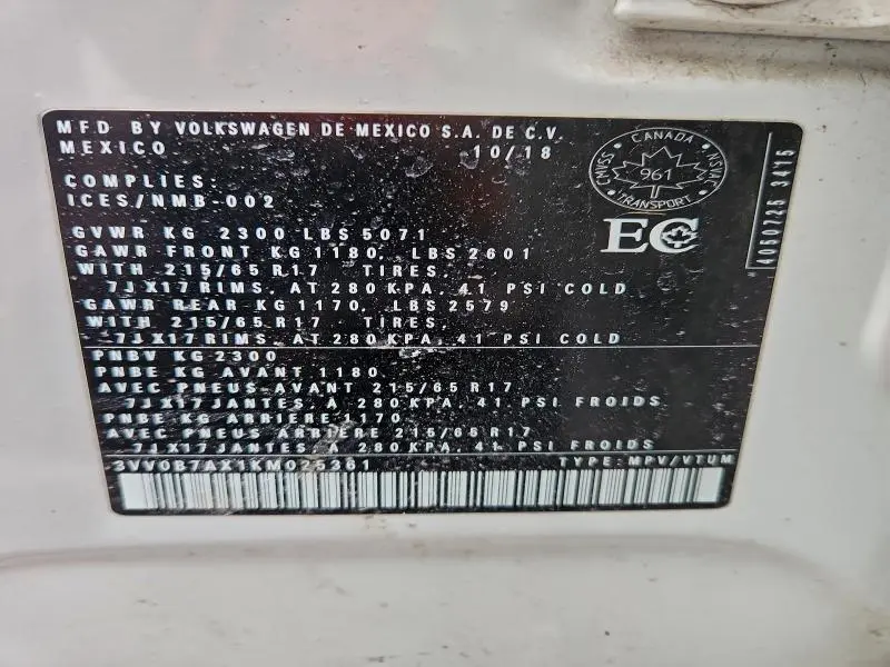 2019 VOLKSWAGEN TIGUAN S  