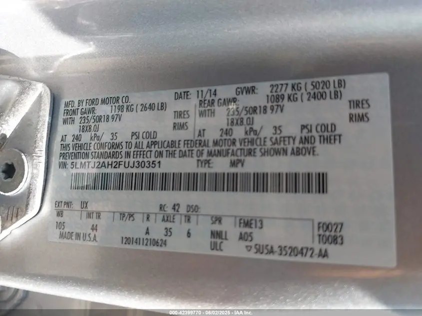 2015 LINCOLN MKC  