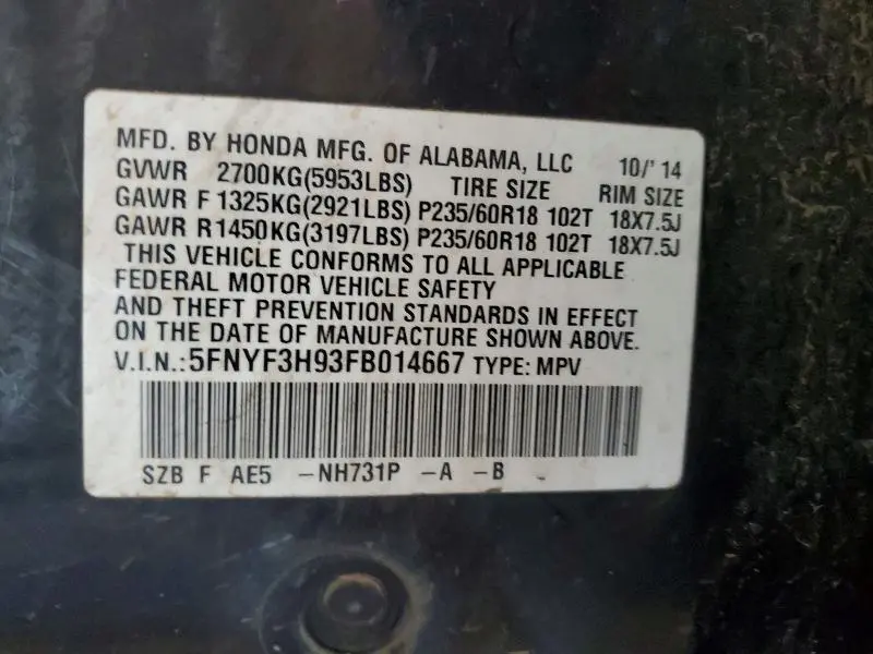 2015 HONDA PILOT TOURING  