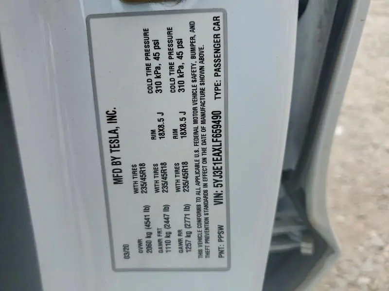 2020 TESLA MODEL 3   