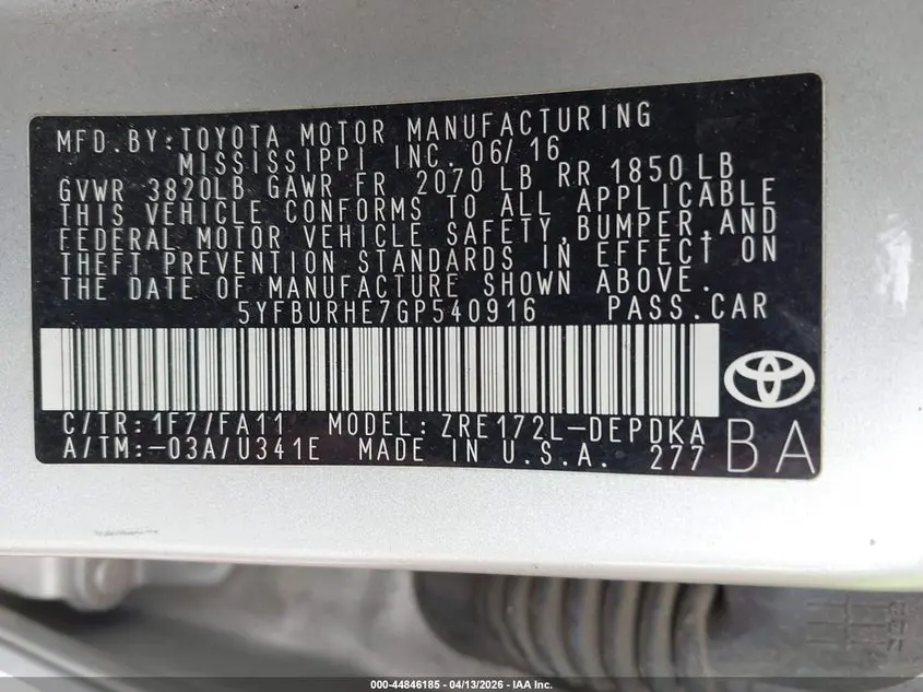 2016 TOYOTA COROLLA L