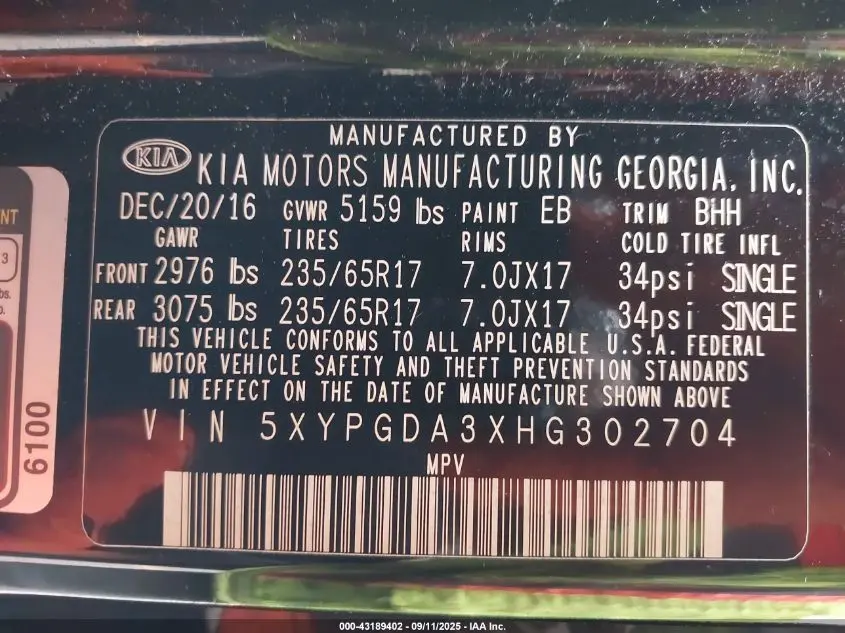 2017 KIA SORENTO 2.4L LX