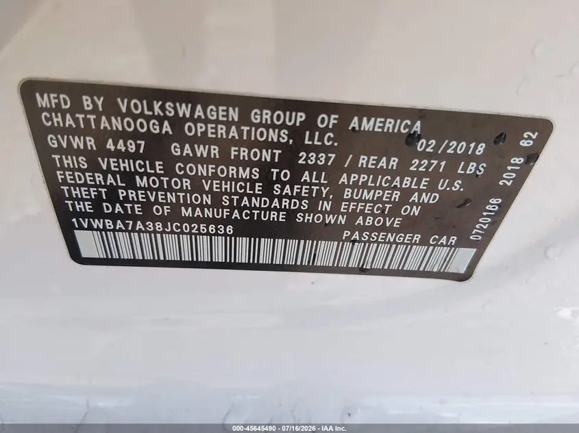 2018 VOLKSWAGEN PASSAT 2.0T SE