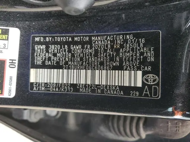 2016 TOYOTA COROLLA L  