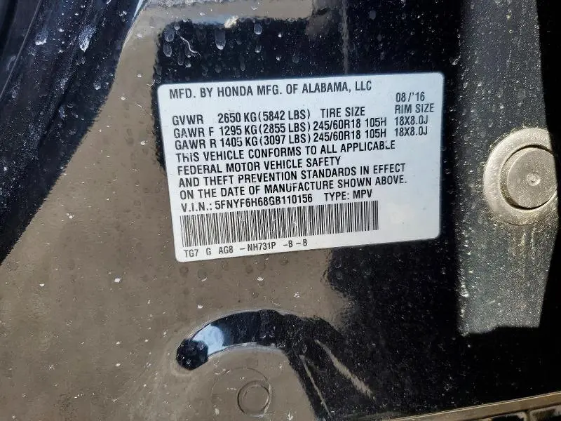 2016 HONDA PILOT EXL  