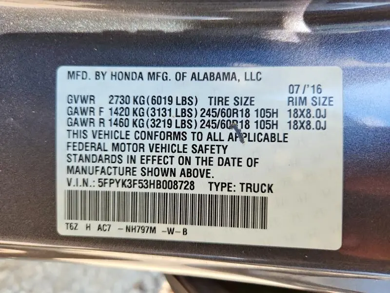 2017 HONDA RIDGELINE RTL  